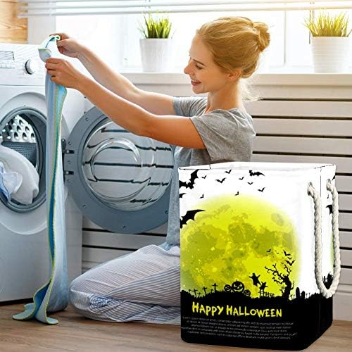 Inhomer Happy Halloween Съобщение Дизайн на Фона 300D Оксфорд PVC, Водоустойчив Кошница За Дрехи, Голяма Кошница за Дрехи за Одеяла Дрехи Играчки в Спалнята
