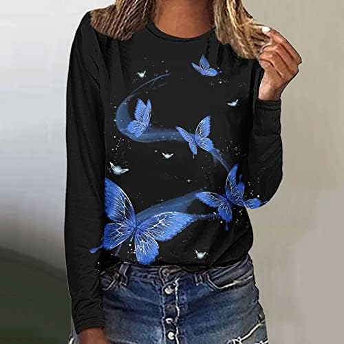 KCJGIKPOK Дамски Ризи с дълъг ръкав, Модна Тениска с кръгло деколте и Цветисти Принтом Пеперуди, Ежедневни Свободна