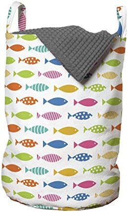 Чанта за пране на риба Ambesonne, Цветни редица Опростени силуета водни животни с Различни Орнаменти, Кошница за